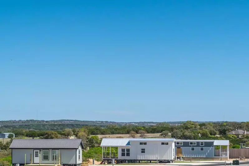 line of tiny homes at Firefly Resort in Fredericksburg TX